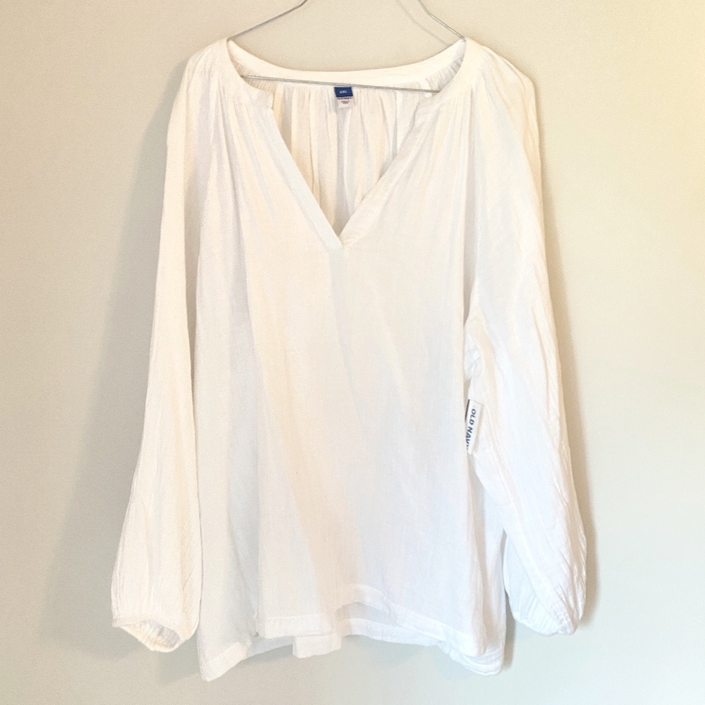 Old Navy Long-Sleeve Split-Neck Top, Color-White, 100% Cotton